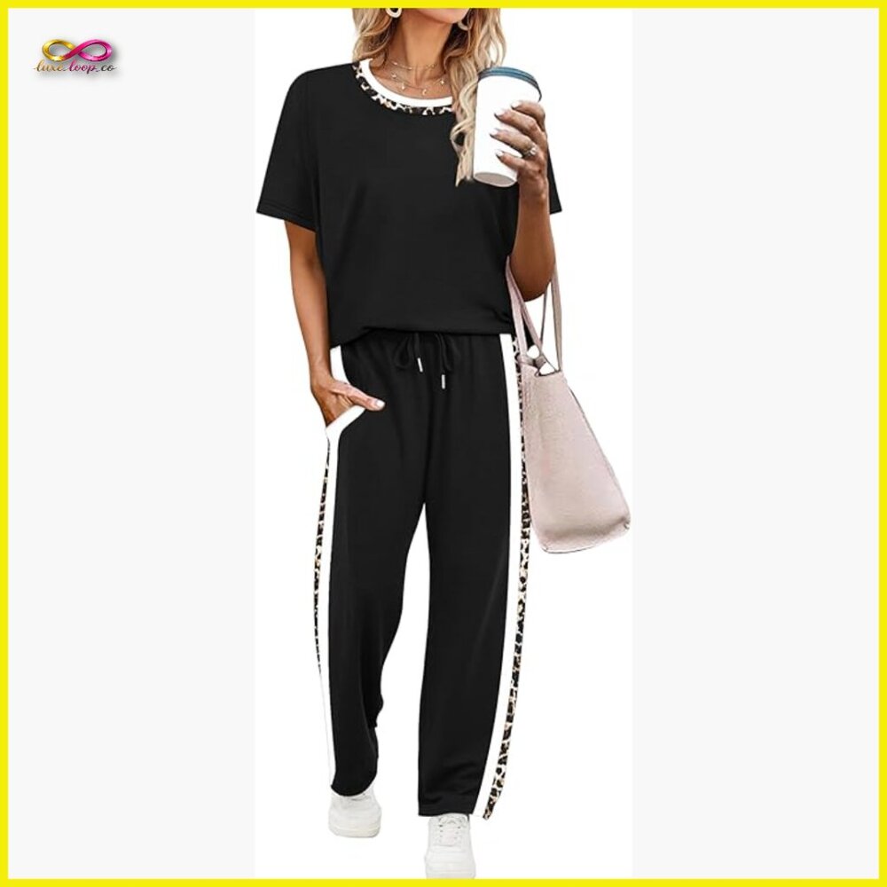 Two Piece Lounge Set Short Sleeve Top Wide Leg Pants Silky Soft Stretch